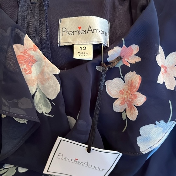 Premier Amour Chiffon Ruffle V Neck Asymmetrical Fully Lined Navy Floral Size 12 - Picture 13 of 15